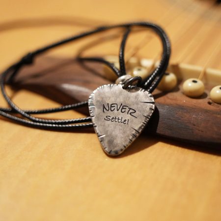 Rustic Guitar Pick Charm Necklace - Handmade 999 Sterling Silver Hammered Pendant Necklace for Guitarist