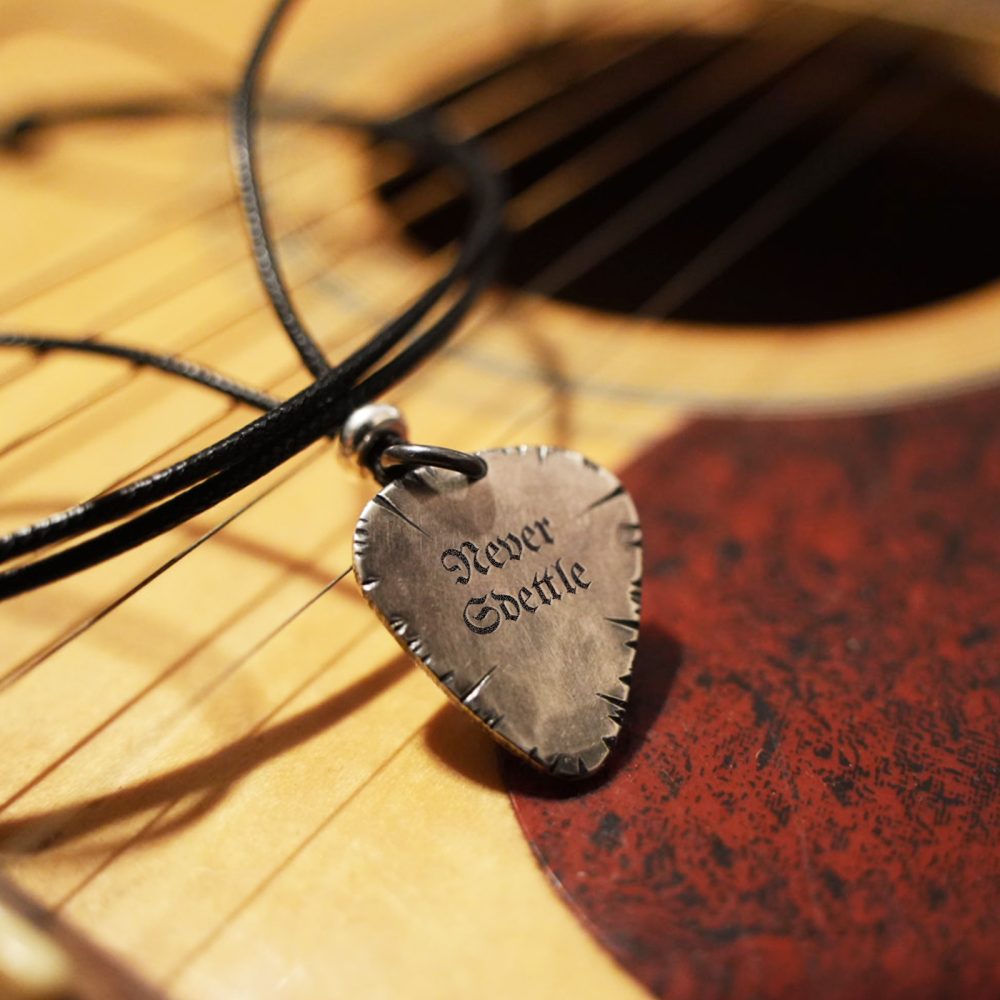 Rustic Guitar Pick Charm Necklace - Handmade 999 Sterling Silver Hammered Pendant Necklace for Guitarist