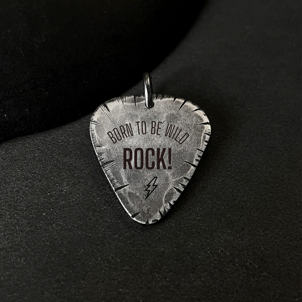 Rustic Guitar Pick Charm Necklace - Handmade 999 Sterling Silver Hammered Pendant Necklace for Guitarist