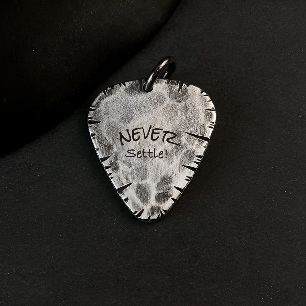 Rustic Guitar Pick Charm Necklace - Handmade 999 Sterling Silver Hammered Pendant Necklace for Guitarist