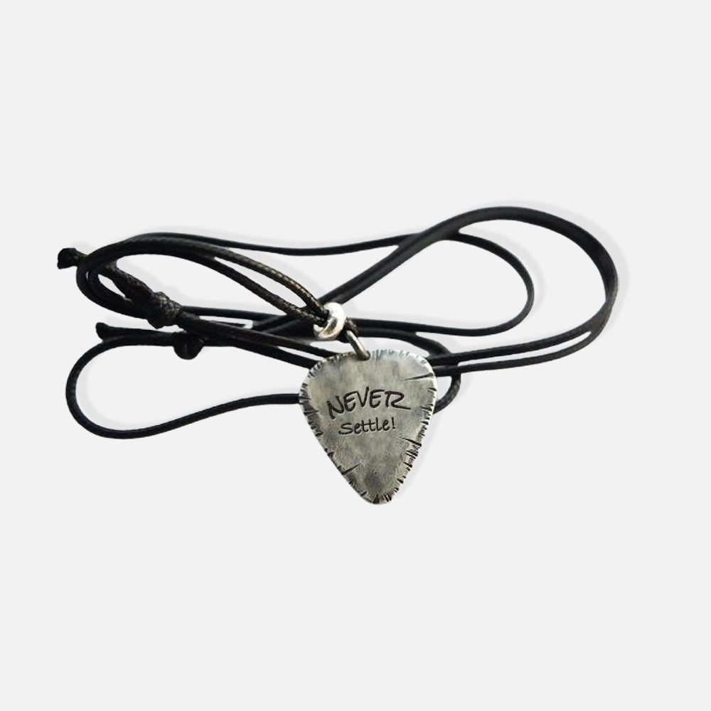 Rustic Guitar Pick Charm Necklace - Handmade 999 Sterling Silver Hammered Pendant Necklace for Guitarist